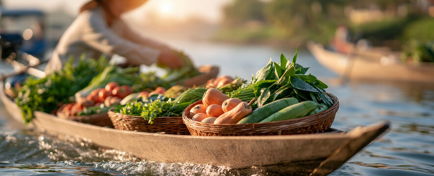 Baskets of colorful vegetables in a wooden floating market boat