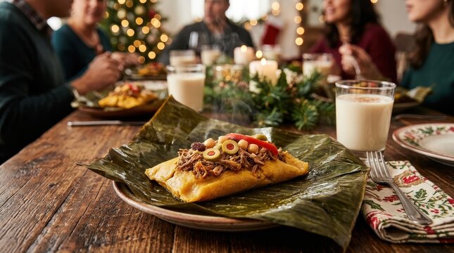 Traditional tamale wrapped in banana leaf served on a festive dinner table