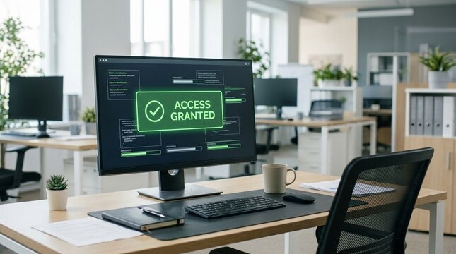 Monitor Showing Access Granted Message in Bright Office, Successful Authentication and Secure Login