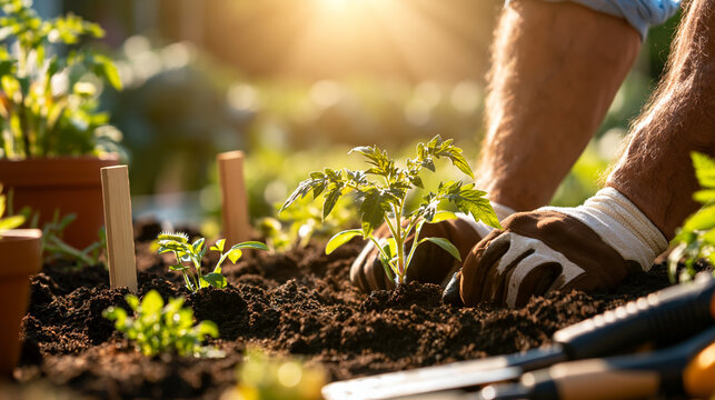Gloved hands planting a young seedling in garden soil
