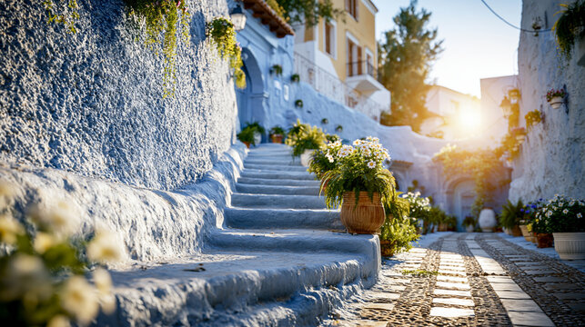 Blue painted steps winding between flower filled village walls