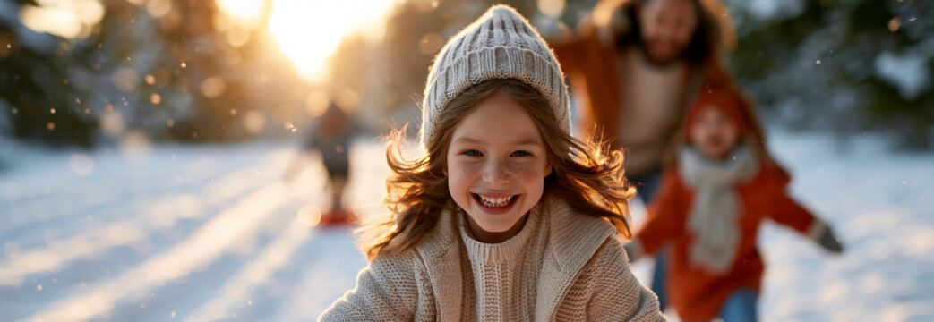 Smiling girl in knitted hat enjoys a snowy family outing