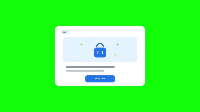 Secure digital shopping popup window with a blue lock icon and a shop now button on a green screen background for video editing and compositing