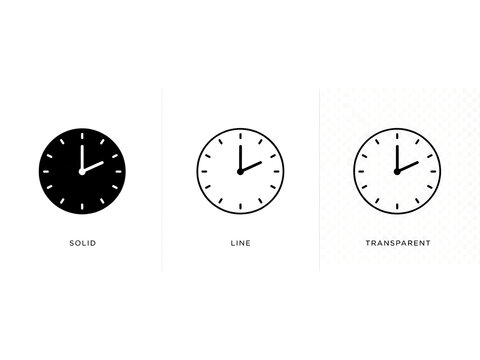 Analog clock faces showing time with solid line and transparent variations on a clean backdrop