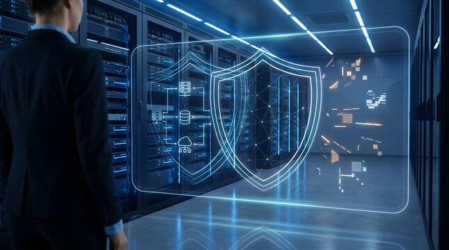 It professional monitoring digital cybersecurity shield protection in a modern server room