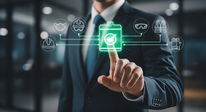 A businessman touching a virtual screen with a safety checklist for the concept of Workplace Safety.