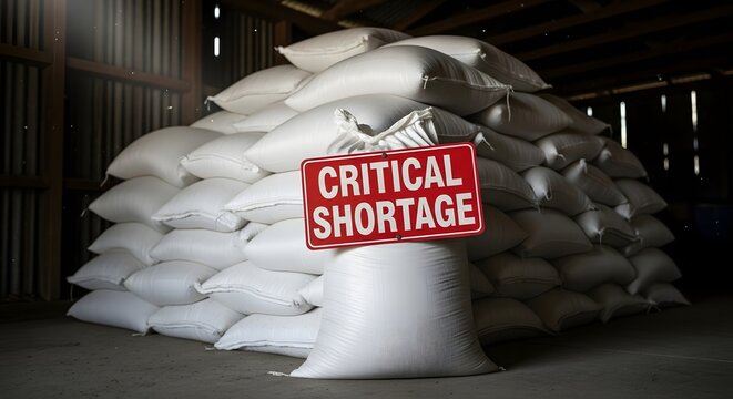 A critical shortage of goods with a large stack of bags and a red sign indicating the problem for the concept of scarcity and economic crisis.