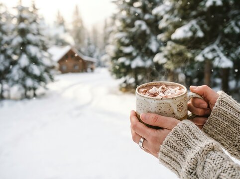 Cozy Hands Holding Hot Chocolate in Snowy Winter Landscape