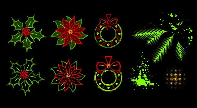 Set of holly, poinsettia, Christmas wreath painted with rough brush strokes in grunge style. Paint splatter. Design elements in neon colors. Christmas, New year clip art for holiday design