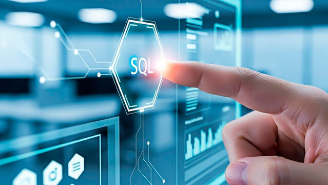 A close-up shot of a human finger touching a glowing 'SQL' icon on a futuristic digital interface for the concept of data management and technology.