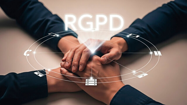 People's hands clasped together with the letters RGPD above them, representing data protection and privacy.