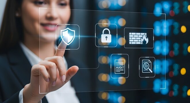 A businesswoman interacting with a futuristic digital interface for cybersecurity concept.