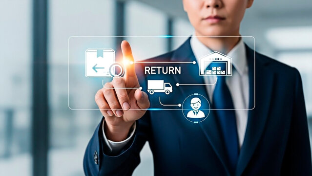 A businessman interacting with a digital interface showing a return process, signifying logistics and e-commerce.