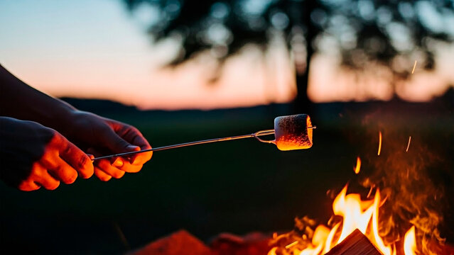 Roasting a marshmallow over a campfire at dusk, evoking feelings of summer, camping, and simple pleasures.