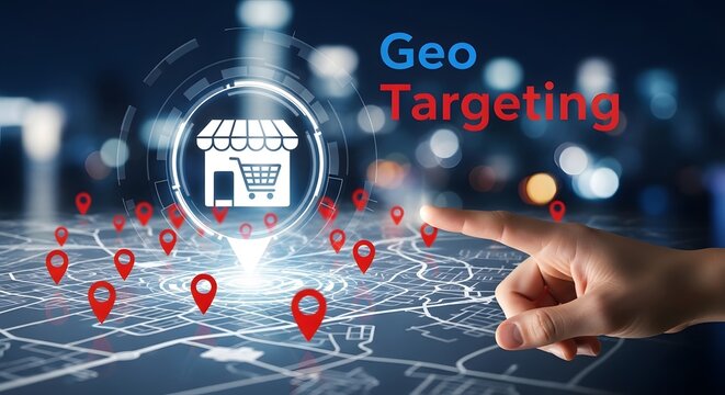 Geotargeting concept with a store icon and location pins.