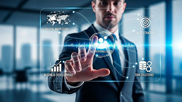 A businessman interacting with a digital interface displaying business concepts for the idea of digital business solutions.