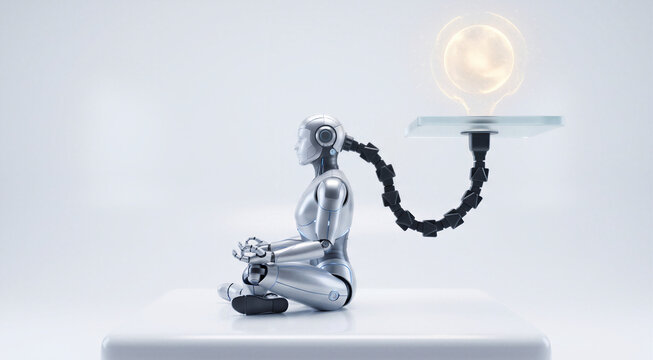 Silver humanoid robot meditating in lotus position connected by cable to luminous energy source, conceptual illustration for AI charging and deep learning