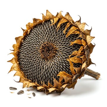 Dried Sunflower Head Filled With Seeds and Loose Seeds Scattered Around