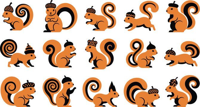 Set of stylized squirrel illustrations in various poses for nature projects with a diverse array of cute