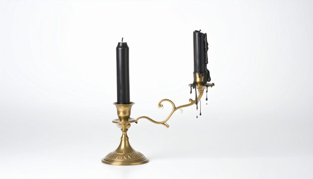 Brass Candlestick Holding Two Taper Candles with Wax Drips on Studio Backdrop