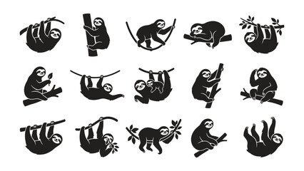 Collection of Sloth Silhouettes: A set of graphic illustrations showcasing sloths in various poses, clinging to branches and hanging upside down, highlighting their unique and leisurely lifestyle. © Md