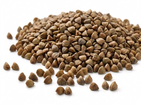 Pile of raw organic buckwheat groats isolated on a white background