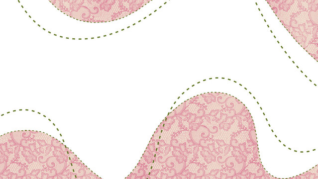 PNG elegant decorative frame with soft pink damask floral shapes, cream curved borders and delicate green dotted accents on a transparent background. Suitable for wedding invitations, stationery