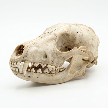 Close Up of a Realistic Fox Skull with Sharp Teeth on White Background