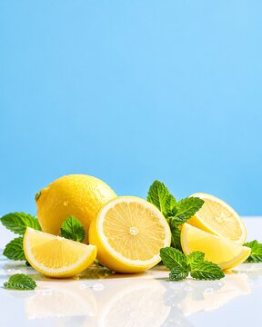 Fresh yellow lemon fruit slices with mint on blue background refreshment tropical ingredient