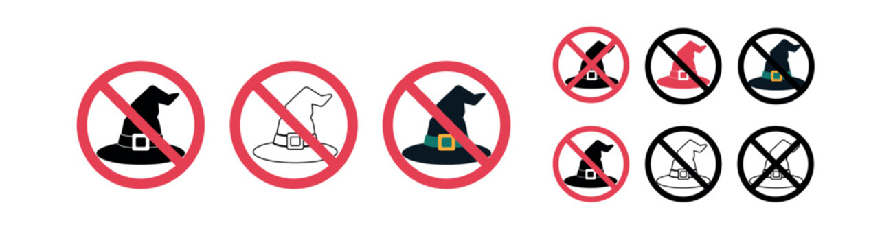 No Halloween witch hat collection with prohibition signs and symbols.