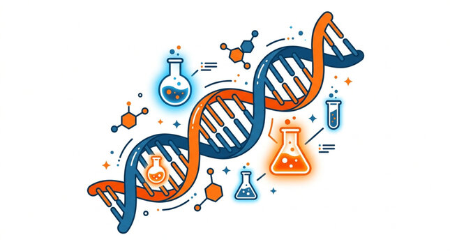 DNA helix with science lab equipment flasks molecules biotechnology genetics and research