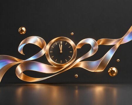 Metallic golden ribbon swirls elegantly around a dark round clock face displaying the upcoming
