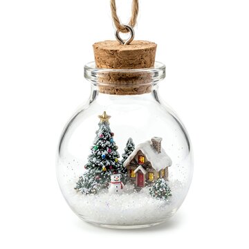 Miniature Christmas Village Scene Inside a Glass Jar Ornament