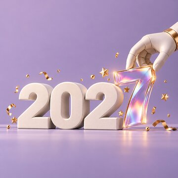White three dimensional figures represent the year twenty seven while a gloved hand places