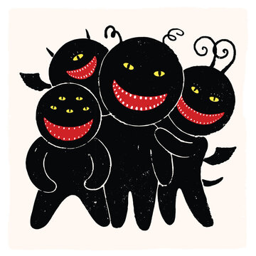 Devil monster silhouettes. Imps with horns and wings. Cute creatures
