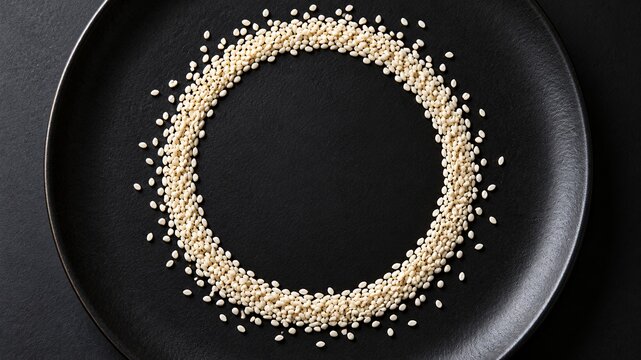 White sesame seeds arranged in a circular ring pattern on a dark black textured plate background