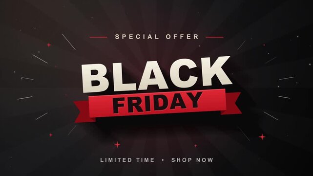 Black Friday sale animation with red ribbon banner and bold cream text, long shadow flat vector design on dark background