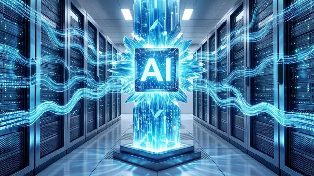 Artificial intelligence core powering modern data center infrastructure. Static shot of glowing digital AI processor distributing data streams to server racks.