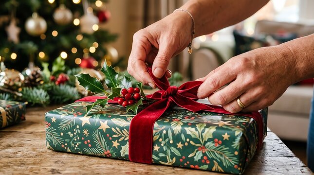Hands Tying a Red Velvet Ribbon Bow on a Christmas Gift Wrapped in Festive Paper with Holly and Berries