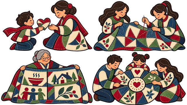 Family Members Making Quilts and Sewing Together Patchwork