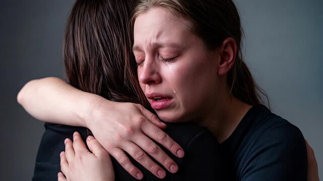 Sorrow and emotional vulnerability find solace in an embrace. Close-up panning shot of a weeping young woman hugging a supportive companion.