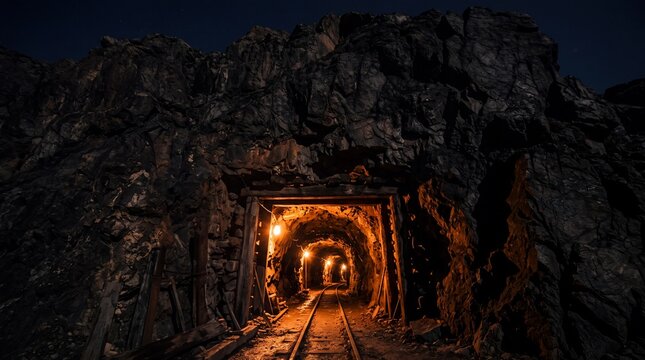 Illuminated Mine Tunnel Entrance with Railroad Tracks at Night