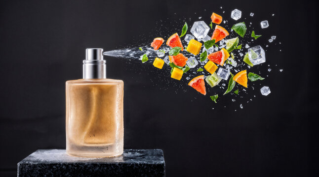 Luxury perfume bottle spraying fresh citrus fruits mint leaves and ice cubes splash on black background