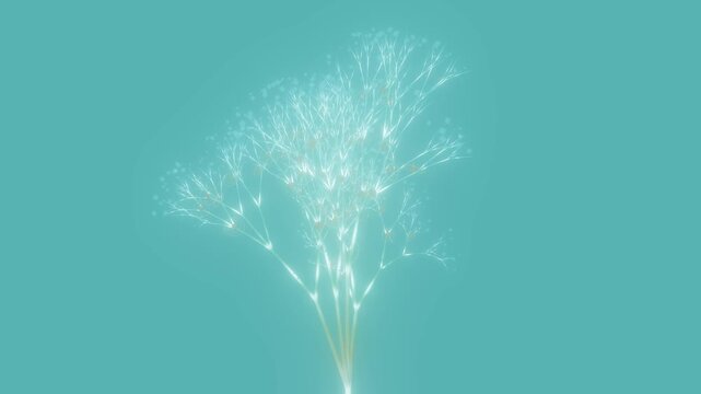 Data tree structure grows with glowing branches and floating circular nodes in a clean 3D render on teal, symbolizing organic growth and sustainable technology