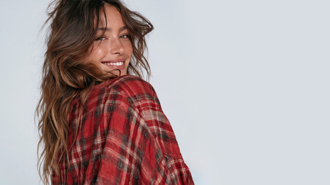 White girl with messy hair in oversized flannel shirt grunge style isolated on white background