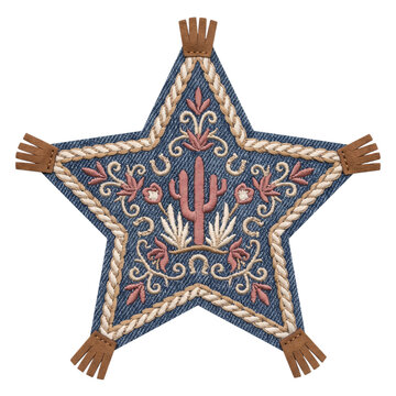 Embroidered star patch featuring southwestern cactus design with woven rope border on blue denim fabric for rustic apparel decor