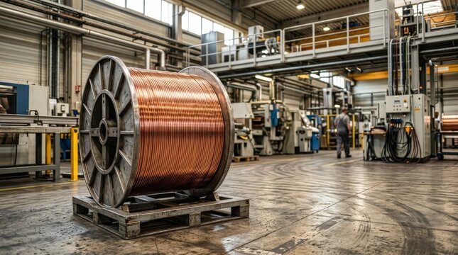 A large spool filled with copper wire scrap sits on a metal pallet inside a spacious industrial manufacturing facility with heavy machinery and a worker in the background