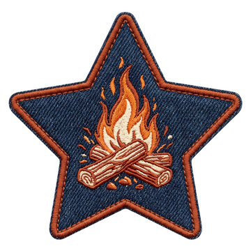 Embroidered campfire patch shaped as star on blue denim with orange flame and wood logs for outdoor themed camping gear branding