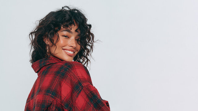Afro girl with messy hair in oversized flannel shirt grunge style isolated on white background