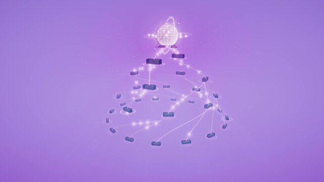 Hierarchical data tree distributes glowing energy packets across server blocks in a 3D animation on purple, symbolizing cloud computing and systematic order
